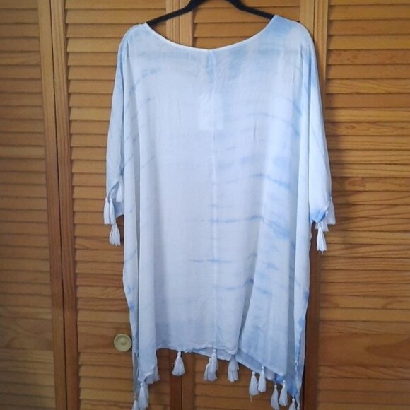 Raviya NWT Blue White Tye Dye Oversized Tassle Fringe Cap Sleeve Swim Cover Up M - Picture 2 of 10